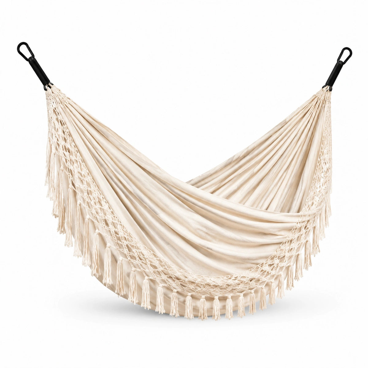 Amaca in cotone beige e nero con frange boho, 290 × 150 × 1 cm, per interni ed esterni coperti