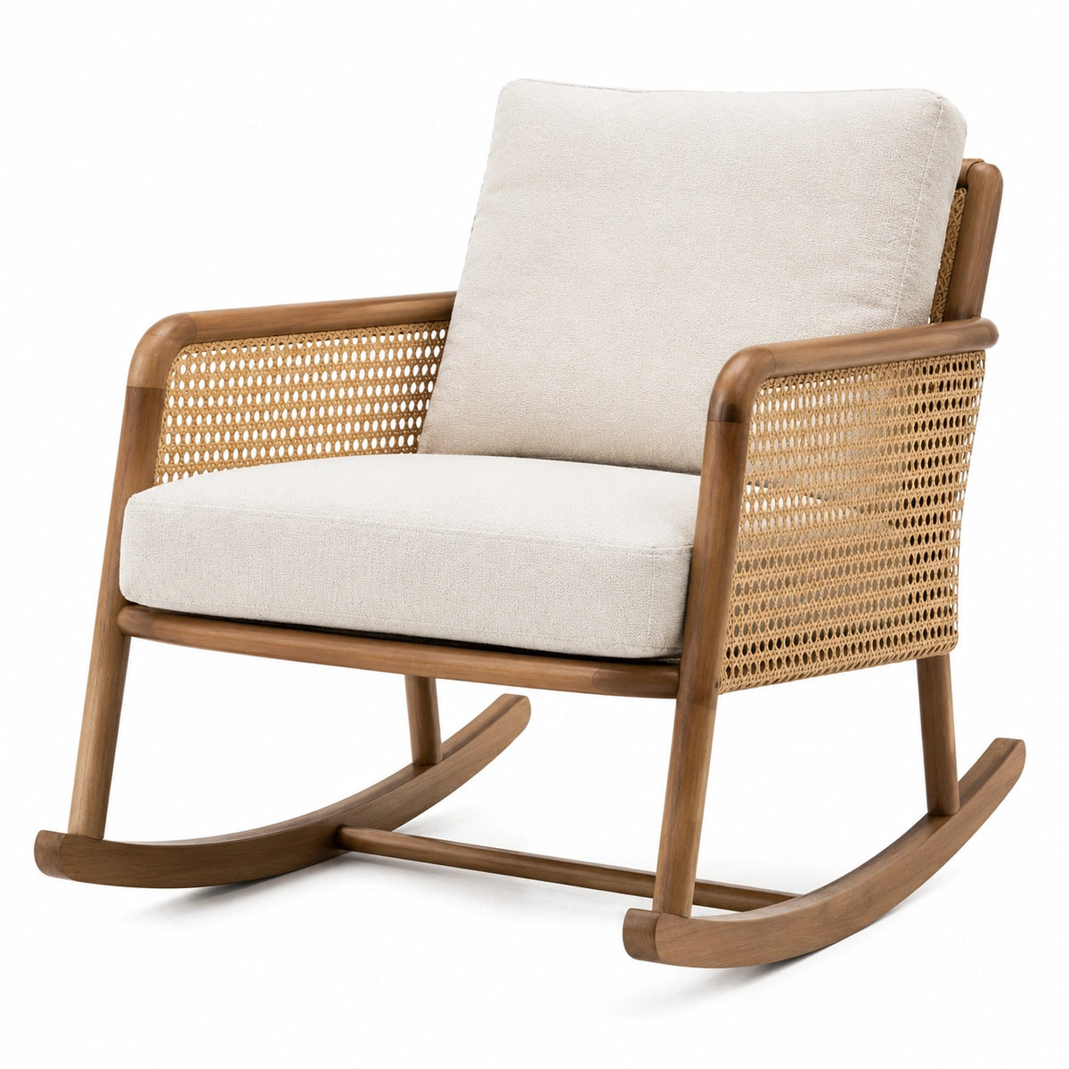 Poltrona a dondolo in legno con rivestimento beige e fianchi intrecciati, 72 × 90 × 92 cm