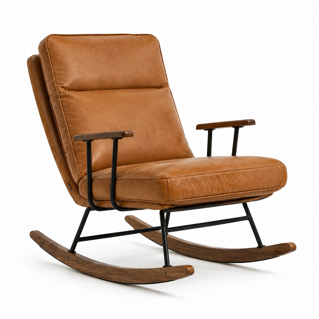Poltrona a dondolo marrone cognac 98 × 95 × 90 cm con rivestimento effetto pelle, struttura in metallo nero e pattini in legno