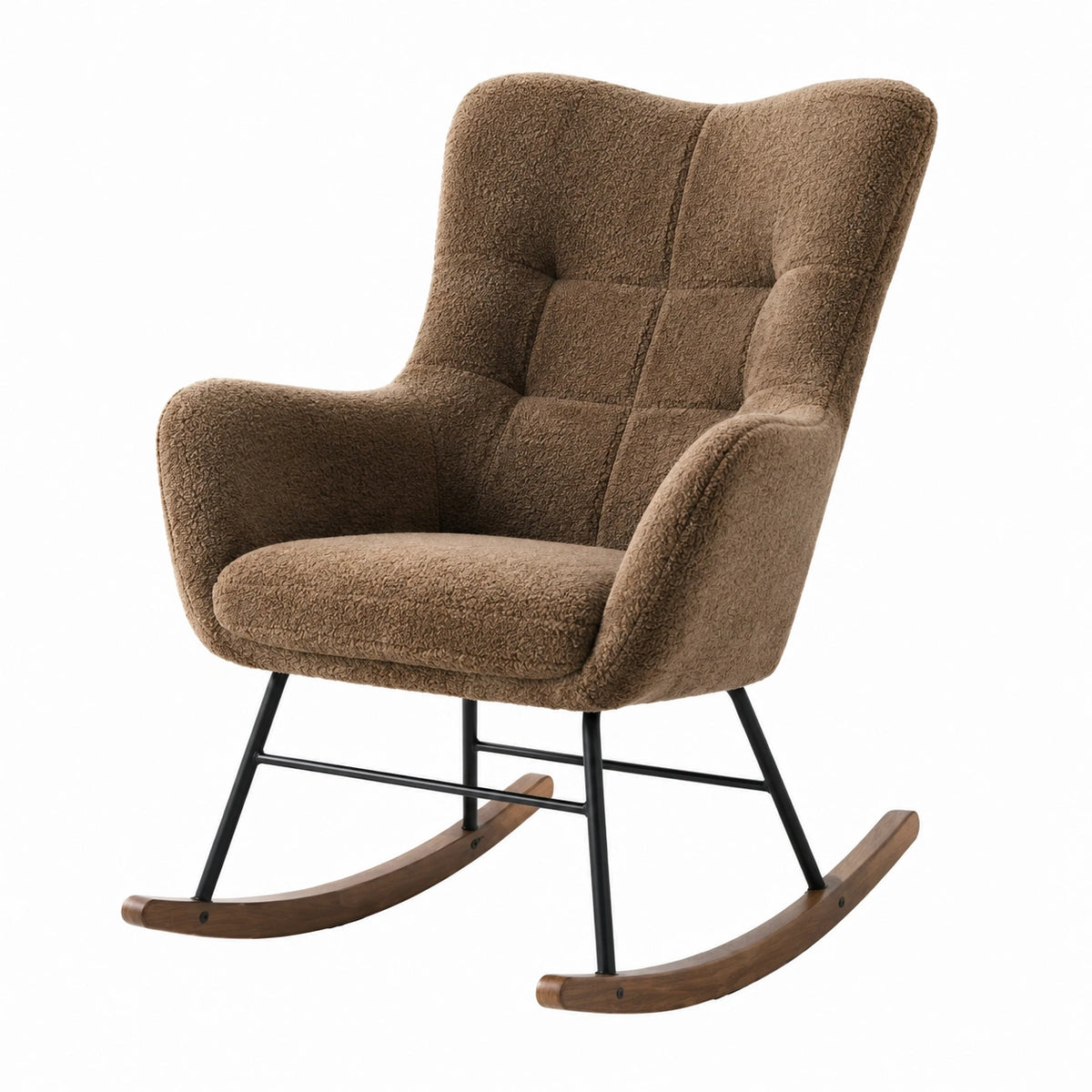 Poltrona a dondolo imbottita marrone in tessuto effetto teddy con braccioli, 70 × 90 × 100 cm