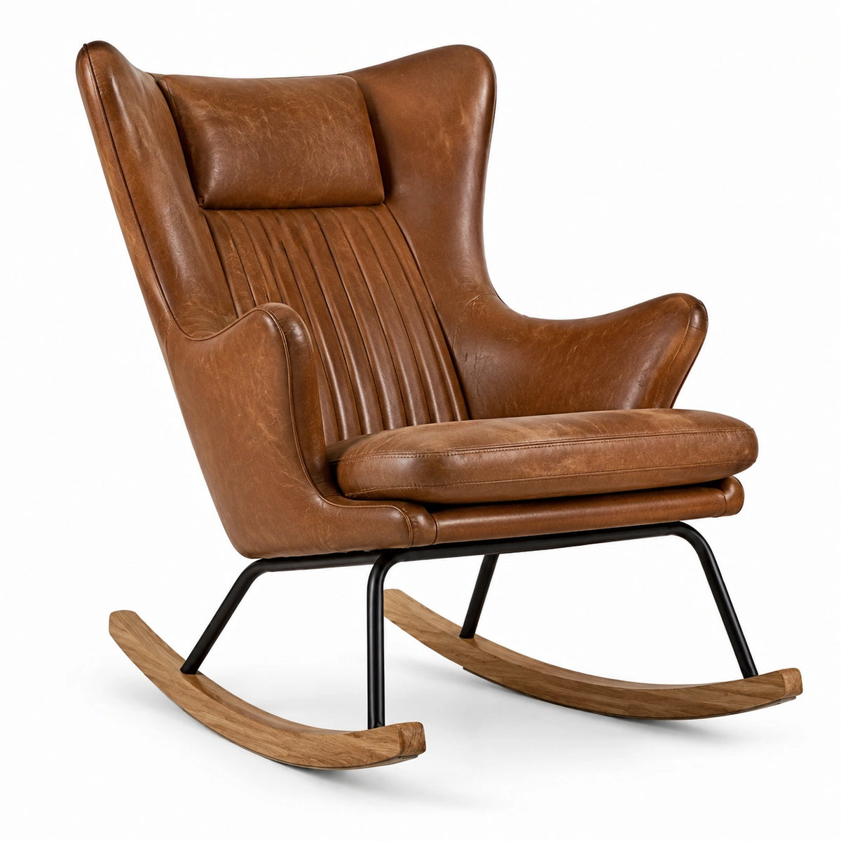 Poltrona a dondolo marrone cognac, nera e legno naturale, 78 × 100 × 105 cm, stile vintage