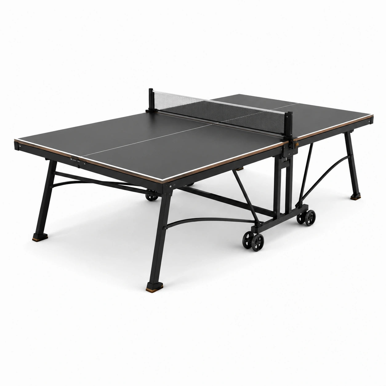 Tavolo pieghevole per tennis da tavolo nero e marrone in MDF e acciaio, 274 × 152,5 × 76 cm, con rete e ruote