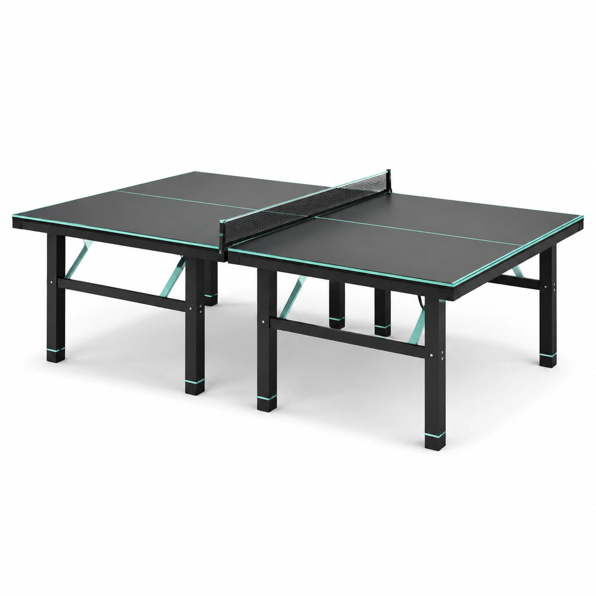 Tavolo da ping pong per interni 274 × 152,5 × 76 cm in MDF e metallo, nero e verde acqua, con rete rimovibile