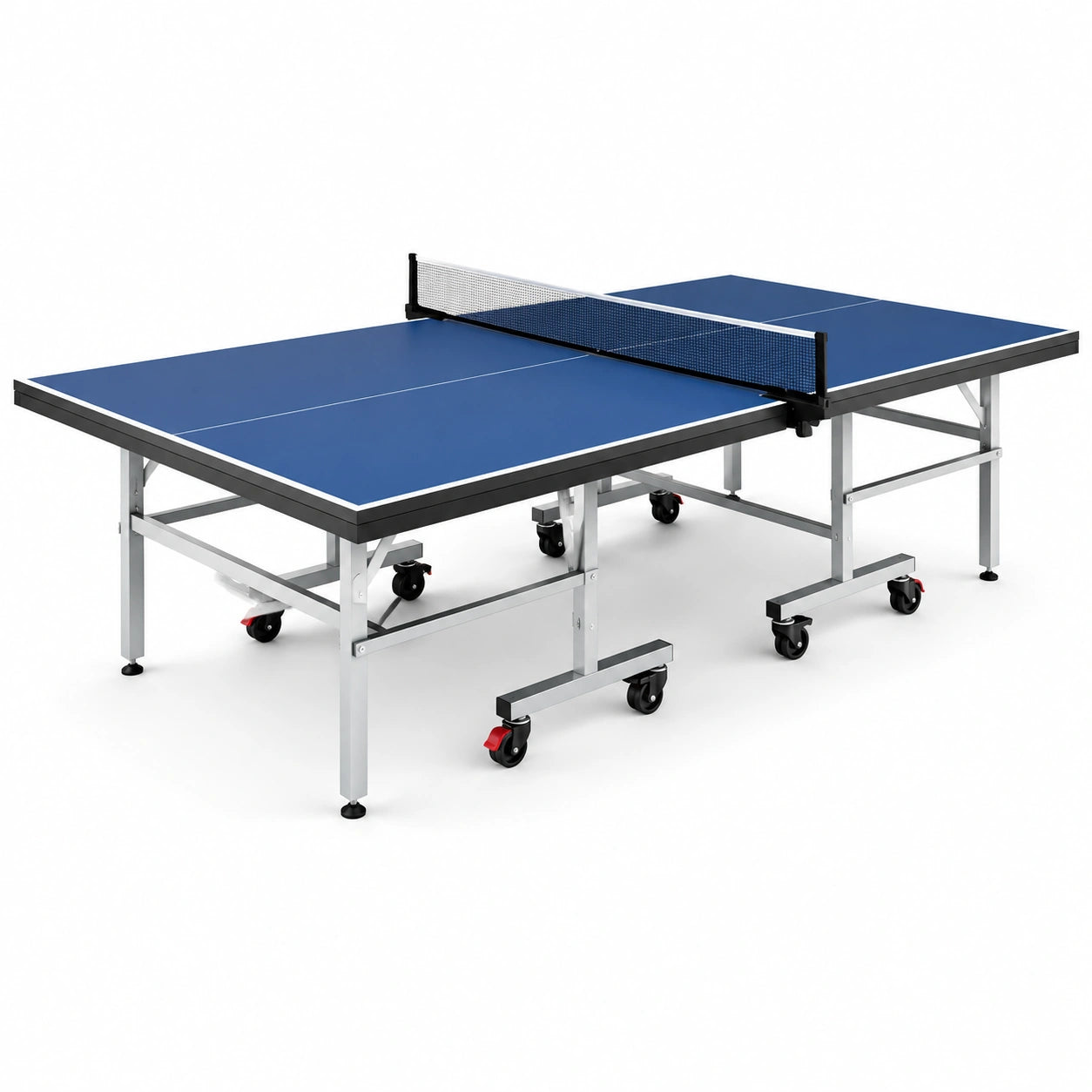 Tavolo da ping pong pieghevole blu 274 × 152,5 × 76 cm con struttura metallica, rete e ruote