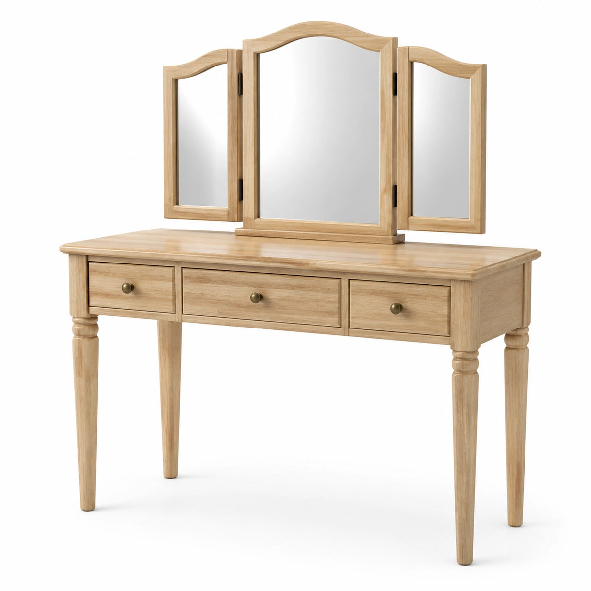 Toeletta in legno naturale 120 × 45 × 140 cm con specchio tripartito orientabile e 3 cassetti, rovere chiaro