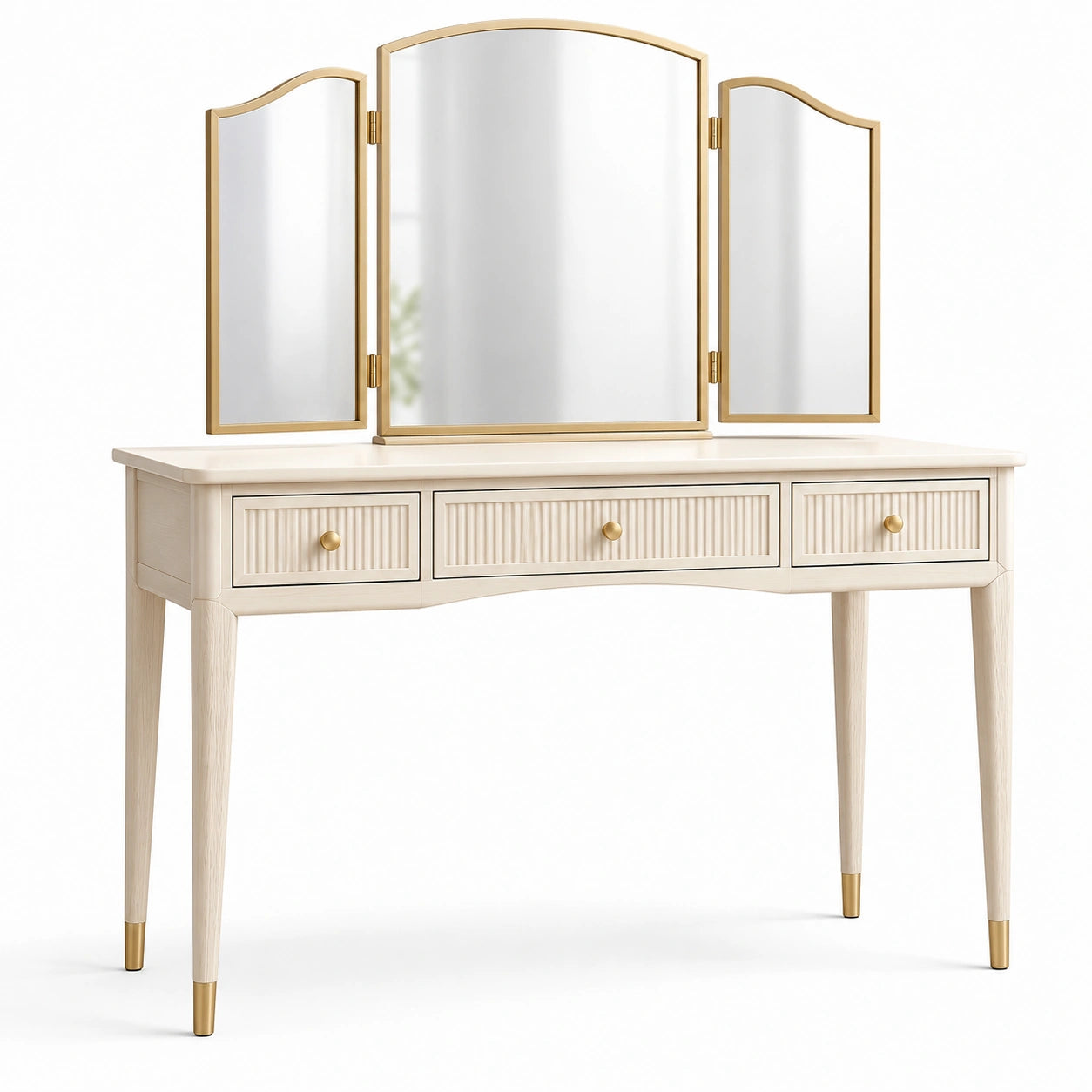 Toeletta bianca e oro 120 × 45 × 145 cm con specchio trittico orientabile e 3 cassetti