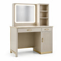 Toeletta moderna beige e oro 110 x 45 x 150 cm con specchio LED, 2 cassetti, anta e ripiani