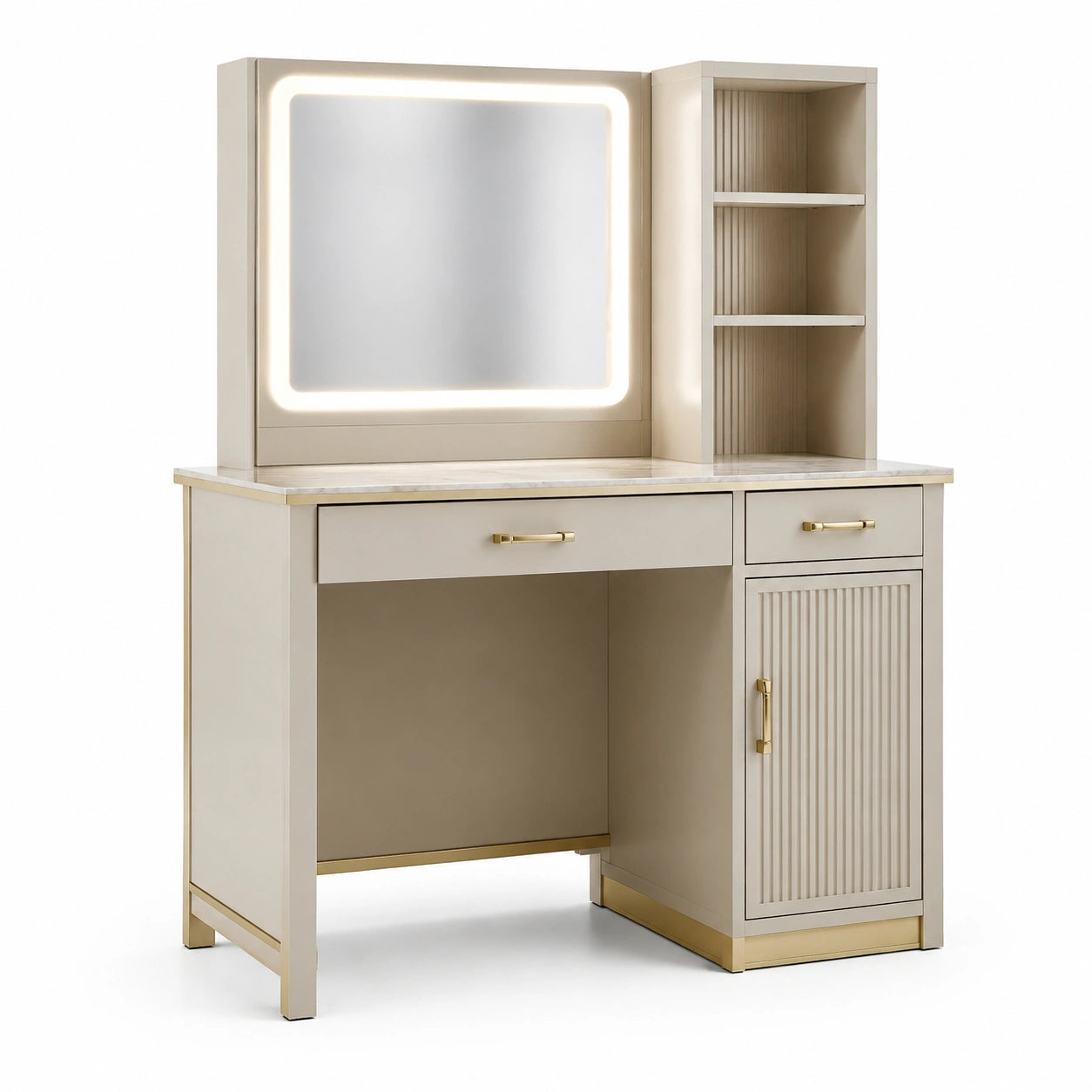 Toeletta moderna beige e oro 110 x 45 x 150 cm con specchio LED, 2 cassetti, anta e ripiani