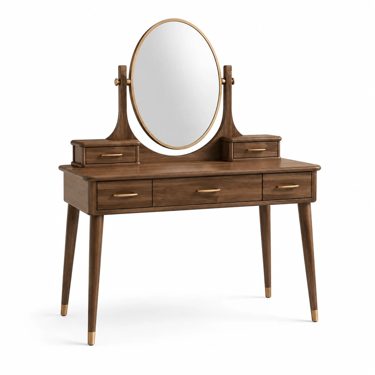 Toeletta in legno marrone e oro 120 × 45 × 145 cm con specchio ovale orientabile e 5 cassetti