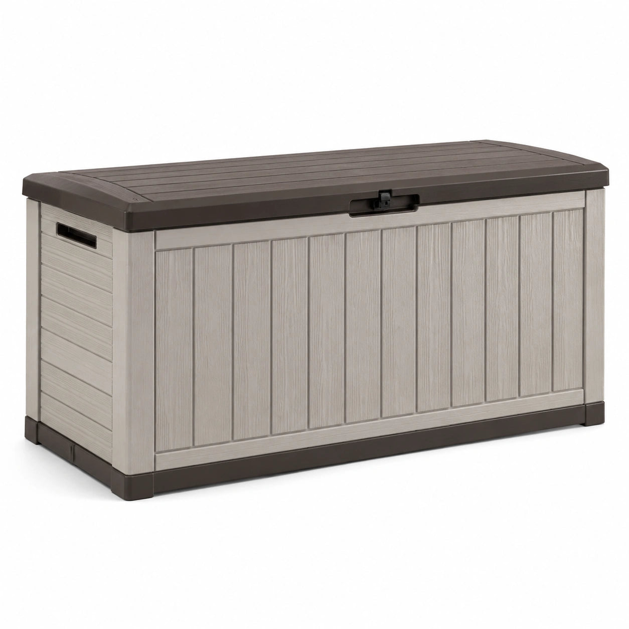 Baule da esterno in resina effetto legno, grigio tortora e marrone scuro, 120 × 54 × 57 cm