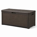 Baule da giardino in plastica marrone scuro effetto rattan con coperchio, 120 × 55 × 60 cm