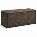 Baule portaoggetti da esterno in polyrattan marrone scuro e metallo nero, 120 × 50 × 60 cm, con coperchio e maniglie