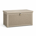 Baule da esterno in metallo e polyrattan tortora, 120 × 60 × 65 cm, con coperchio e chiusura per lucchetto