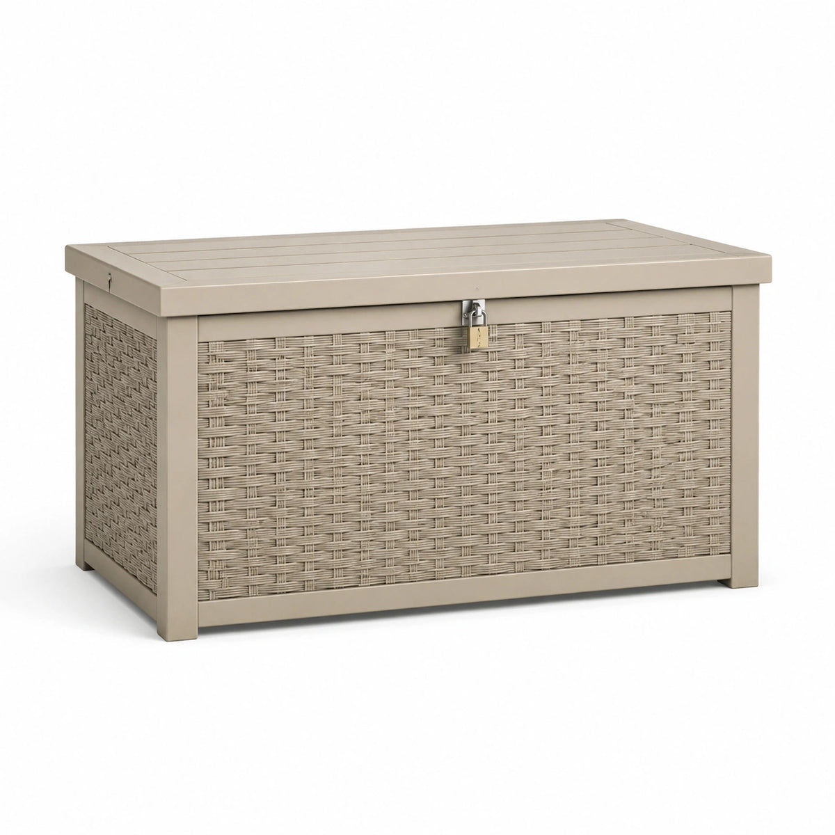 Baule da esterno in metallo e polyrattan tortora, 120 × 60 × 65 cm, con coperchio e chiusura per lucchetto