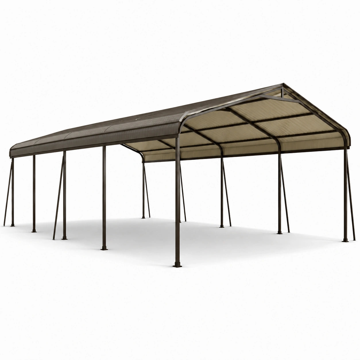 Carport doppio in acciaio marrone con tetto in policarbonato beige traslucido, 600 × 600 × 300 cm