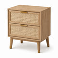Comodino in legno e rattan naturale con 2 cassetti, rovere naturale, beige e oro, 50 × 40 × 60 cm