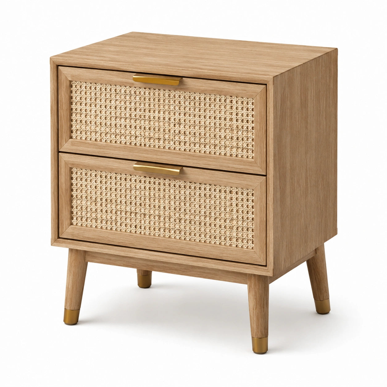 Comodino in legno e rattan naturale con 2 cassetti, rovere naturale, beige e oro, 50 × 40 × 60 cm
