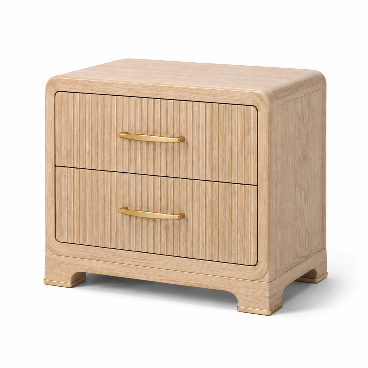 Comodino in rovere chiaro con dettagli dorati e 2 cassetti, 60 × 40 × 60 cm