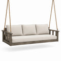 Divano a dondolo sospeso da esterno a 3 posti, 190 × 80 × 60 cm, legno grigio con cuscini beige e corde marroni