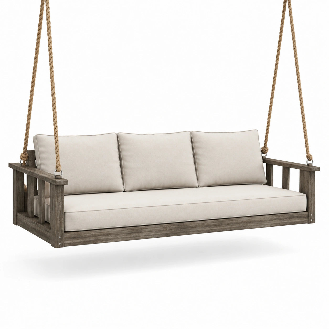 Divano a dondolo sospeso da esterno a 3 posti, 190 × 80 × 60 cm, legno grigio con cuscini beige e corde marroni