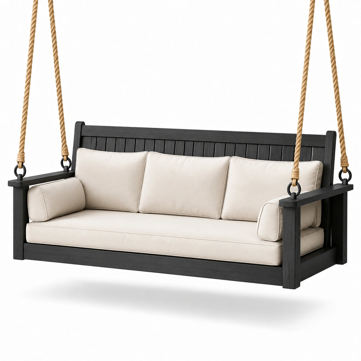 Divano a dondolo sospeso da esterno a 3 posti, 190 × 85 × 75 cm, nero e beige, stile rustico