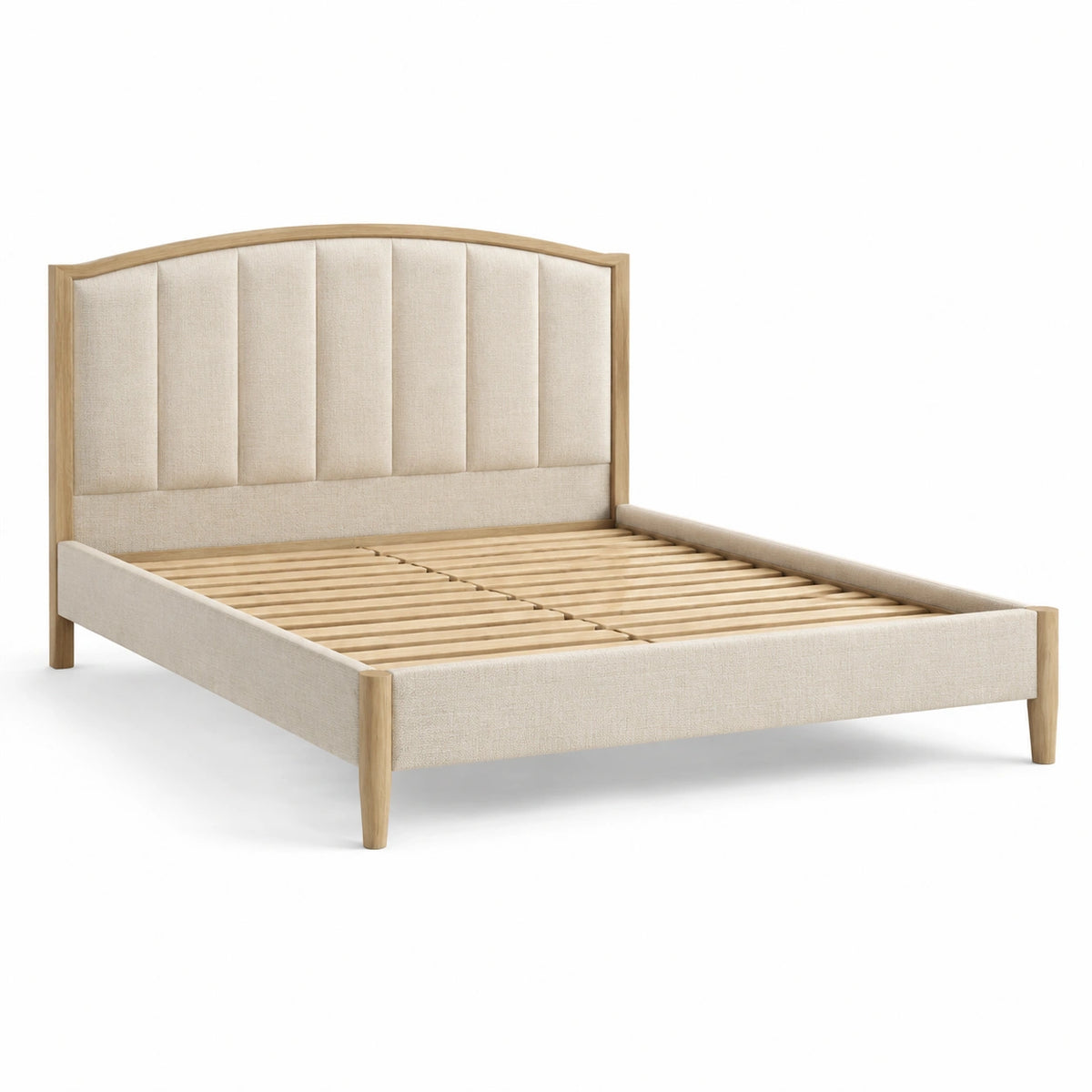 Letto matrimoniale beige e legno naturale 170 × 215 × 120 cm con testiera imbottita e rete a doghe