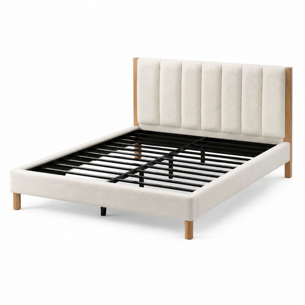 Letto matrimoniale avorio in tessuto bouclé con testiera imbottita, 215 × 170 × 110 cm, per materasso 160 × 200 cm
