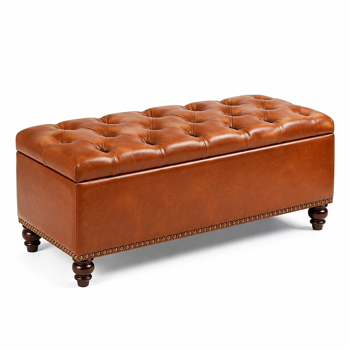 Panca imbottita effetto pelle cognac 120 × 45 × 48 cm con seduta capitonné e gambe in legno