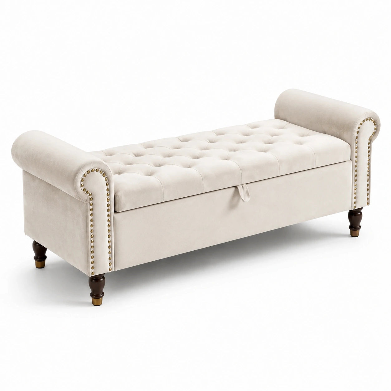 Panca contenitore capitonné in velluto beige con braccioli arrotolati, 145 × 50 × 64 cm