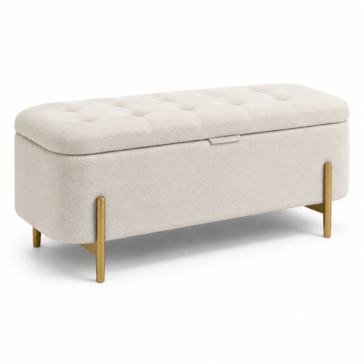 Panca contenitore imbottita 110 x 40 x 45 cm in tessuto bouclé beige con gambe dorate
