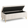 Panca contenitore moderna in bouclé crema con gambe dorate, 120 x 40 x 45 cm