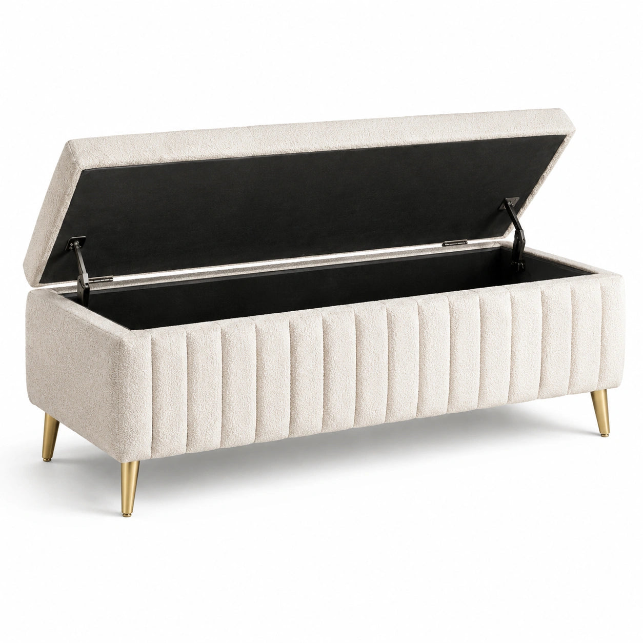 Panca contenitore moderna in bouclé crema con gambe dorate, 120 x 40 x 45 cm