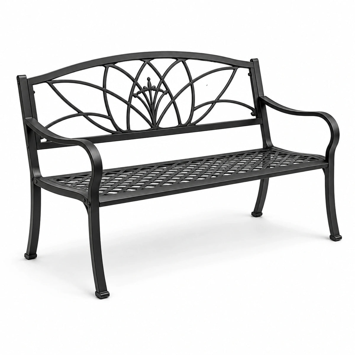 Panca da giardino nera a 2 posti con schienale decorativo, 127 × 60 × 85 cm