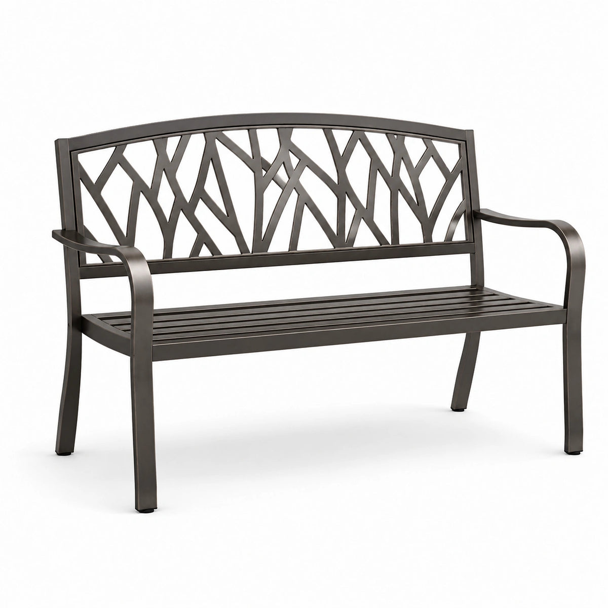 Panca da giardino in metallo bronzo scuro a 2 posti, 127 × 60 × 88 cm, con schienale decorativo