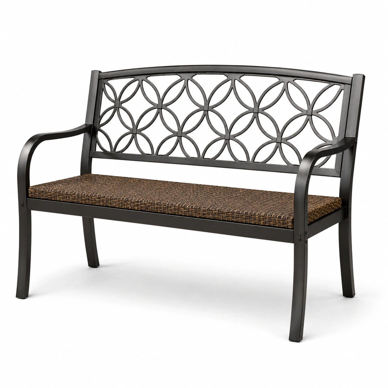 Panca da giardino a 2 posti in metallo nero con seduta intrecciata marrone, 120 × 60 × 90 cm