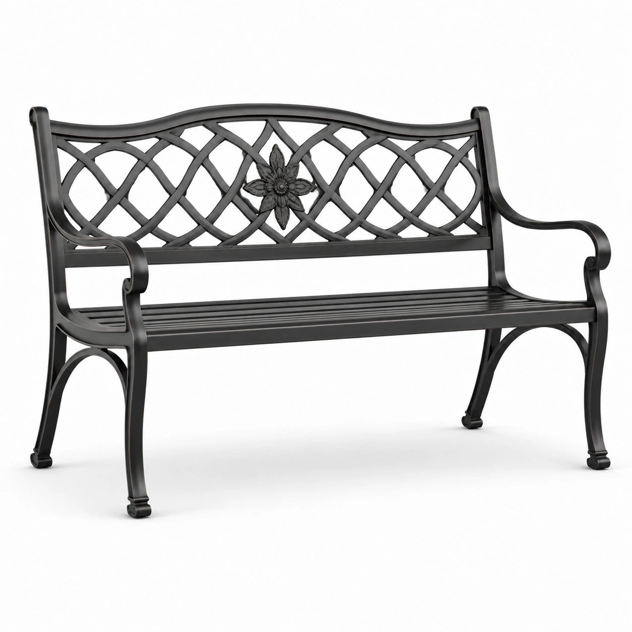 Panchina da giardino a 2 posti in metallo nero con schienale decorativo, 127 × 60 × 85 cm