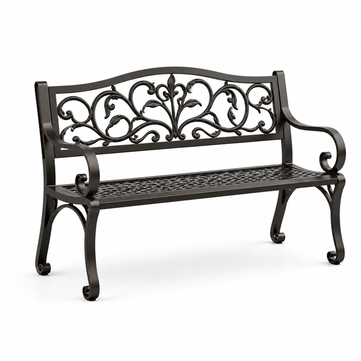Panca da giardino in metallo nero con schienale floreale, 127 × 60 × 87 cm