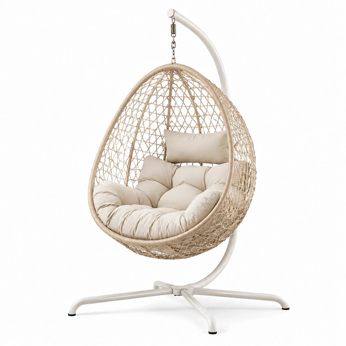 Poltrona sospesa beige con supporto bianco in acciaio, 105 × 105 × 195 cm