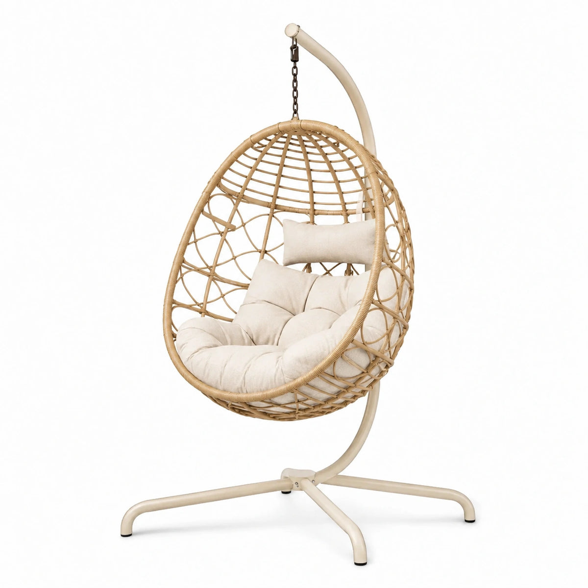 Poltrona sospesa beige in rattan sintetico con supporto, 115 × 105 × 195 cm