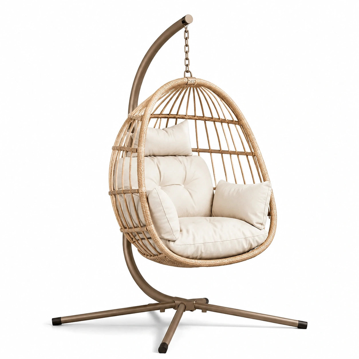 Poltrona sospesa con supporto autoportante in metallo e fibra sintetica, beige, crema e marrone, 105 × 105 × 195 cm