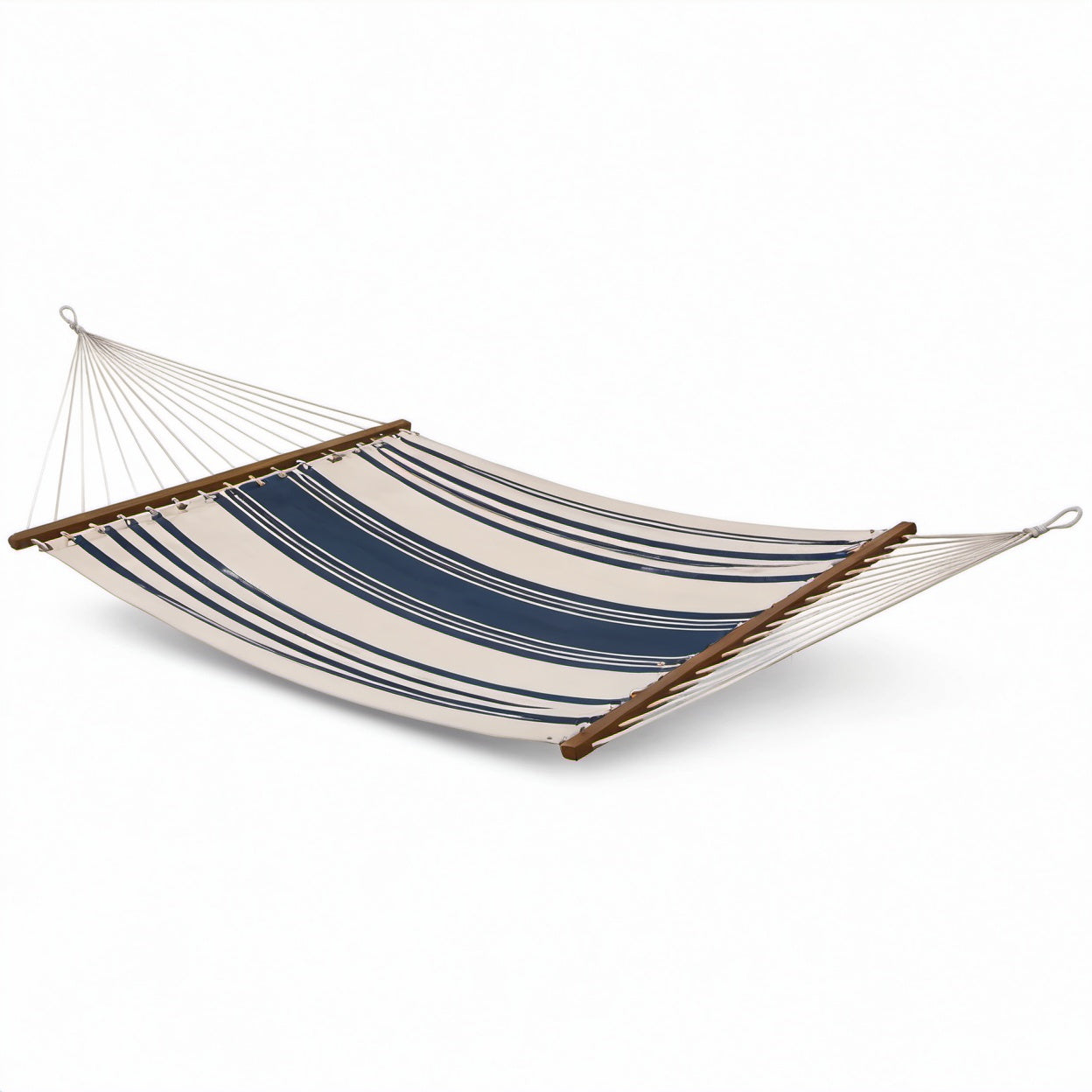 Amaca da giardino a righe blu e beige 280 × 100 × 3 cm con barre distanziatrici in legno