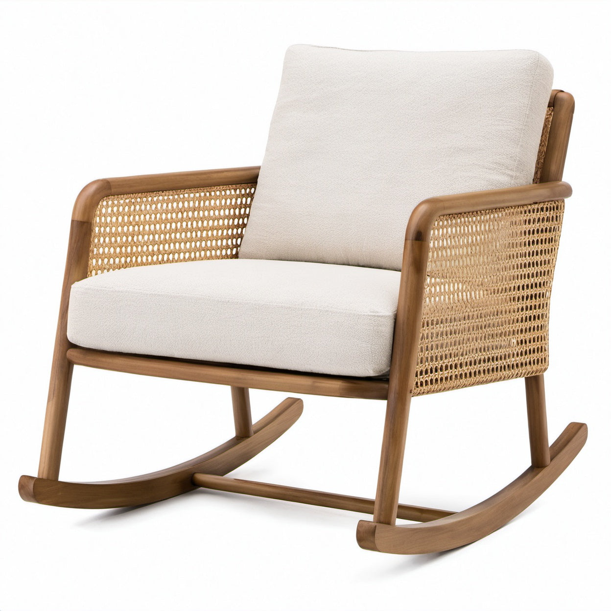 Poltrona a dondolo in legno con rivestimento beige e fianchi intrecciati, 72 × 90 × 92 cm