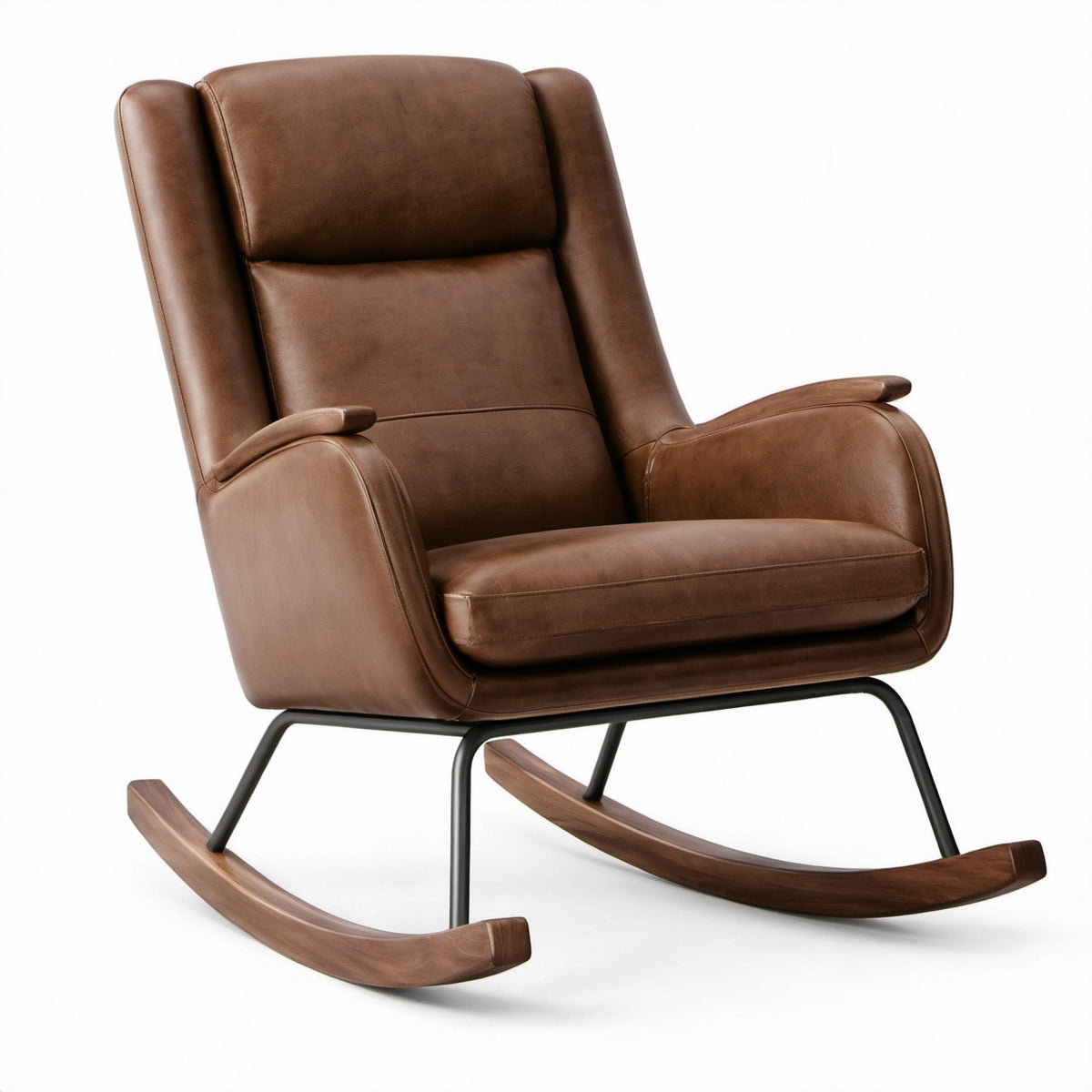 Poltrona a dondolo in similpelle marrone con pattini in legno, 76 × 96 × 101 cm
