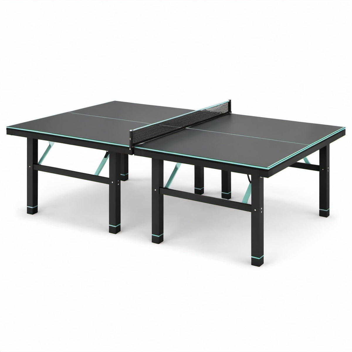 Tavolo da ping pong per interni 274 × 152,5 × 76 cm in MDF e metallo, nero e verde acqua, con rete rimovibile