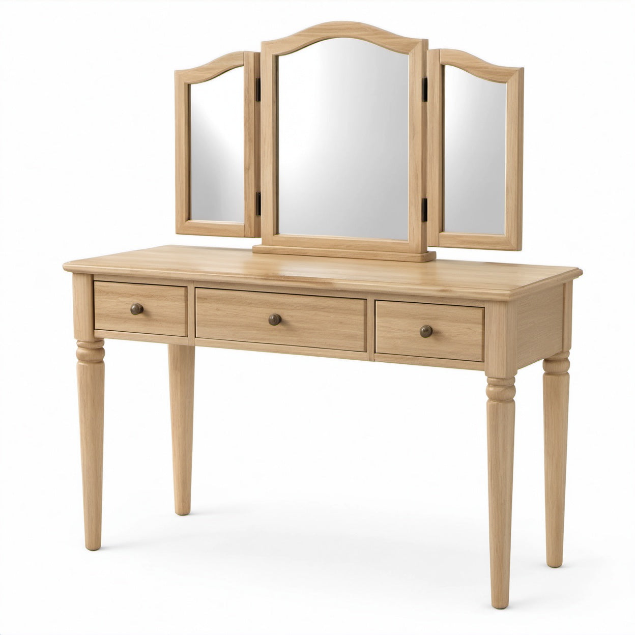 Toeletta in legno naturale 120 × 45 × 140 cm con specchio tripartito orientabile e 3 cassetti, rovere chiaro