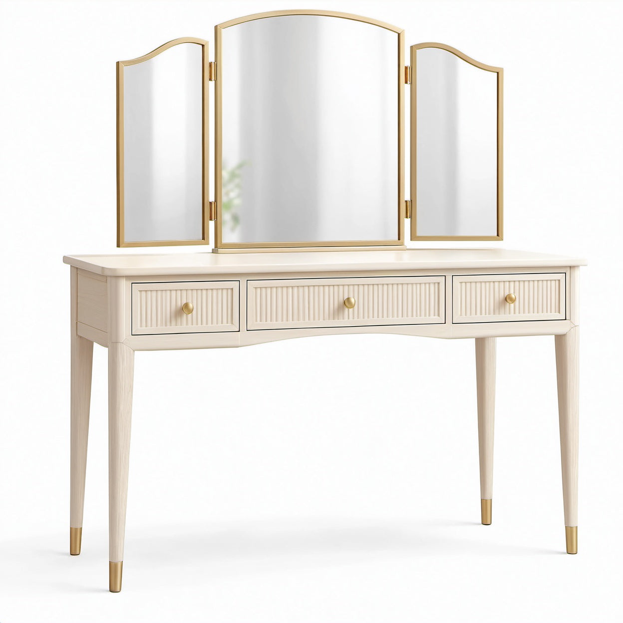 Toeletta bianca e oro 120 × 45 × 145 cm con specchio trittico orientabile e 3 cassetti