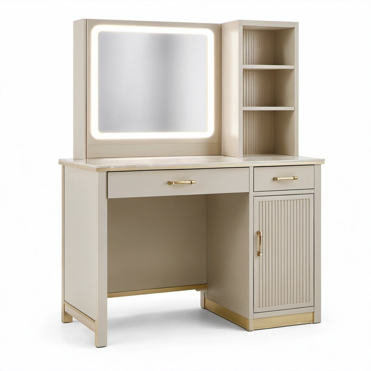 Toeletta moderna beige e oro 110 x 45 x 150 cm con specchio LED, 2 cassetti, anta e ripiani