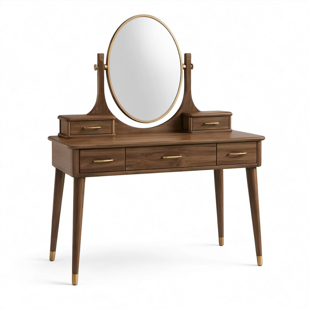 Toeletta in legno marrone e oro 120 × 45 × 145 cm con specchio ovale orientabile e 5 cassetti