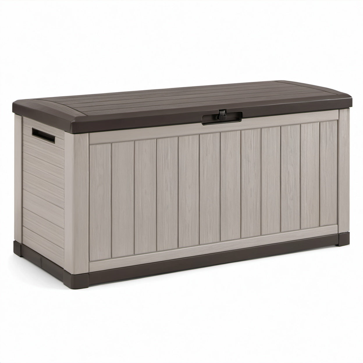 Baule da esterno in resina effetto legno, grigio tortora e marrone scuro, 120 × 54 × 57 cm