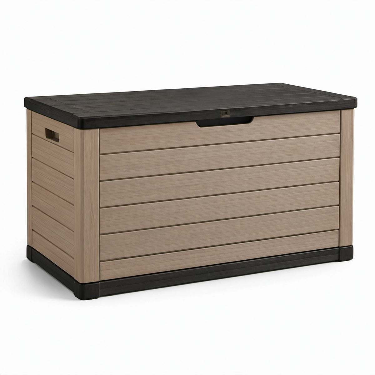 Baule portaoggetti da esterno 120 × 55 × 60 cm in resina taupe e nera con finitura effetto legno